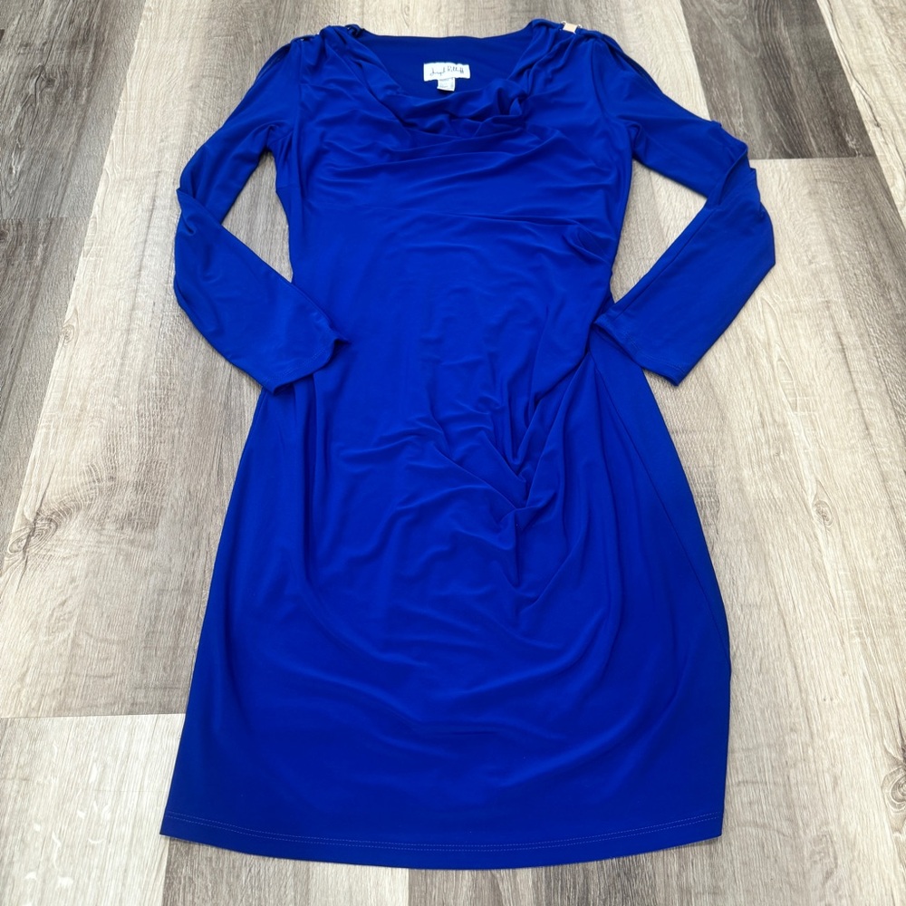 Joseph Ribkoff Dress Womens 10 Blue Gathered Neckline Arm Cutouts Cocktail Midi